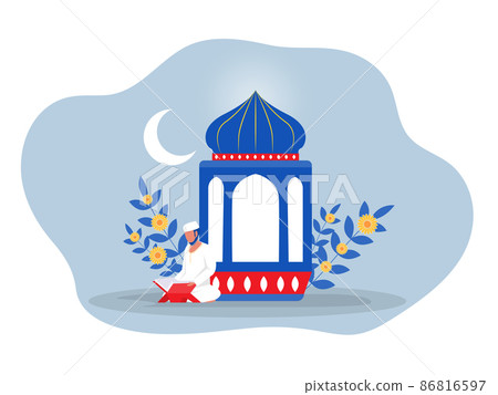 Ramadan night with Muslim Female character sitting on her knees, pray ,asking God for help. Faith, religion, trouble conceptvector 86816597