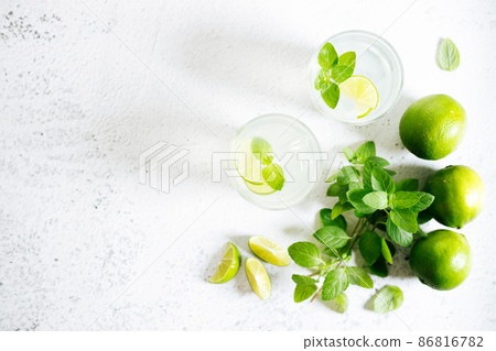 Lemonade lime iced drink with fresh mint leaves. Lemonade lime iced drink with fresh mint leaves. 86816782