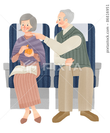 Hand-drawn illustration of an elderly couple traveling on the Shinkansen or train 86816951