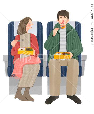一對年輕夫婦乘坐新幹線或火車旅行的手繪插圖 一對年輕夫婦乘坐新幹線或火車旅行的手繪插圖 86816953