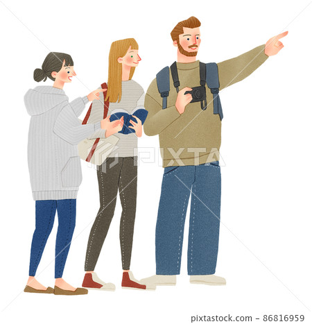 Hand-drawn illustrations of foreigners sightseeing in Japan and women giving directions 86816959