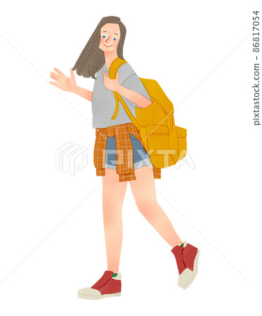 一個女人背著背包旅行的手繪插圖 86817054