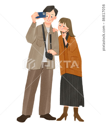 Hand-drawn illustrations of men and women taking pictures with smartphones 86817056