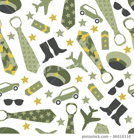 Seamless vector pattern of military icons on a white background. Defender of the Fatherland Day - Russian national holiday on 23 February. 9 may. 86818316