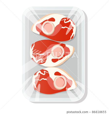 Steak on the bone. A piece of meat in a vacuum pack. Pork and beef in a plastic tray. Vector illustration. Steak on the bone. A piece of meat in a vacuum pack. Pork and beef in a plastic tray. Vector illustration. 86818655