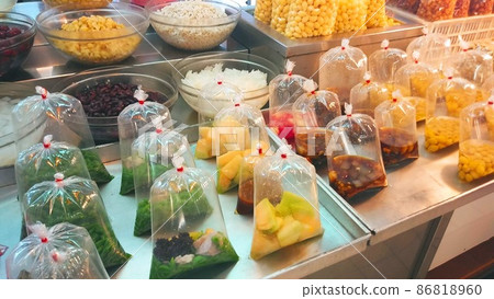 Products in the sweets section of the Thai local market Products in the sweets section of the Thai local market 86818960