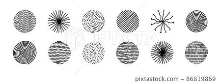 Hand drawn circles with doodle texture. Modern abstract set black round shape with lines, circles, drops. Hand drawn organic doodle shapes. Colletion vector illustrations isolated on white background 86819869