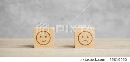 emotion face symbol on wooden blocks. mood, Service rating, ranking, customer review, satisfaction, evaluation and feedback concept emotion face symbol on wooden blocks. mood, Service rating, ranking, customer review, satisfaction, evaluation and feedback concept 86819960