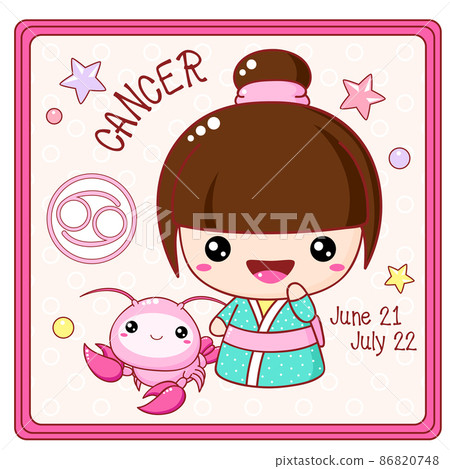 Zodiac Cancer sign character in kawaii style. Square card with Zodiac symbol, date of birth and baby girl 86820748