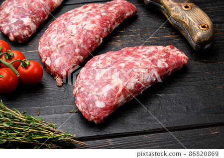 Homemade meat beef cutlets, on black wooden table background Homemade meat beef cutlets, on black wooden table background 86820869