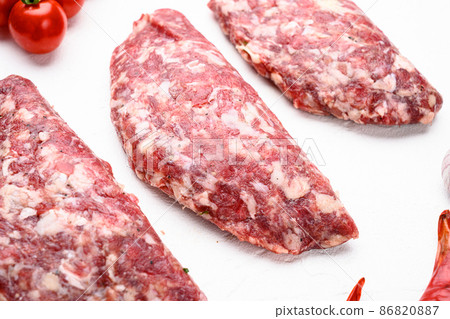Raw meat, cutlet, on white stone table background Raw meat, cutlet, on white stone table background 86820887