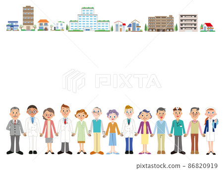 Elderly people holding hands, medical staff and cityscape Elderly people holding hands, medical staff and cityscape 86820919