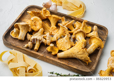 Ingredients for making italian pasta with mushrooms chanterelles, on white stone table background Ingredients for making italian pasta with mushrooms chanterelles, on white stone table background 86820953