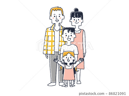 一個四口之家,一對夫婦和一個兒子和女兒,一個滑稽的手繪人物插圖,一個簡單的矢量線圖著色,以及一個白色背景。 一個四口之家,一對夫婦和一個兒子和女兒,一個滑稽的手繪人物插圖,一個簡單的矢量線圖著色,以及一個白色背景。 86821091