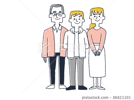 一個三口之家，一對夫婦和一個兒子，一個滑稽的手寫人物插圖，矢量線圖上的簡單著色，以及白色背景。 86821101
