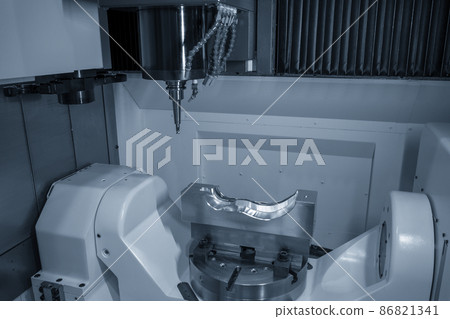 The 5-axis machining center table-tilt type cutting the injection mold parts by solid ball end mill tool. The 5-axis machining center table-tilt type cutting the injection mold parts by solid ball end mill tool. 86821341