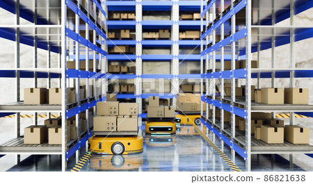 Automatic guid vehicles (AGV) transferring parcel box and products to warehouse 86821638