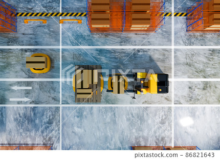 top view of warehouse with working AGV and lifting vehicle robot working 86821643