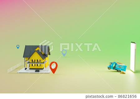Delivery car and delivery drone starting to out of delivery by GPS tracking in map, online shopping and delivery concept 86821656