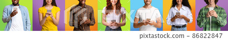 Satisfied millennial caucasian, asian and black women and guys in casual chatting on smartphones Satisfied millennial caucasian, asian and black women and guys in casual chatting on smartphones 86822847