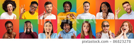 Happy, surprised, laughing young european and african american guys and ladies on multicolored background 86823278