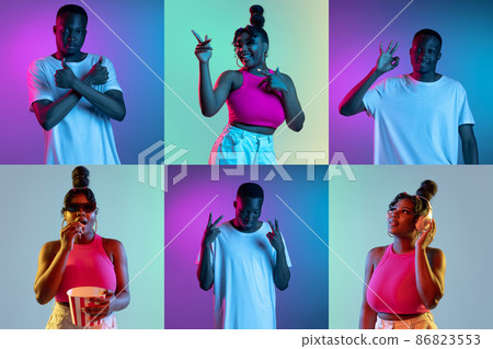 Collage. Young african people, boy and girl posing with positive emotions isolated over multicolored background in neon 86823553