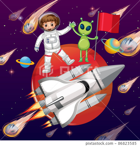 Astronaut and alien standing on Mars with rocket ship 86823585