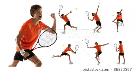 Portraits of young man, professional tennis player in orange uniform training isolated on white studio background. Collage 86823597
