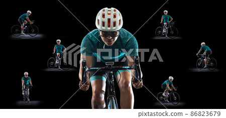 Collage of images of woman, professional cyclists, riding a bike in protective helmet isolated over black background Collage of images of woman, professional cyclists, riding a bike in protective helmet isolated over black background 86823679