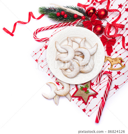 Christmas and New Year symbols and attributes of winter holidays - candy, cookies, pine cone Christmas and New Year symbols and attributes of winter holidays - candy, cookies, pine cone 86824126