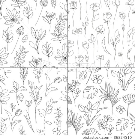Vector tropical, flower linear seamless background set, plants with leaves, ornament, patterns with black single contour line in hand drawn style. Vector tropical, flower linear seamless background set, plants with leaves, ornament, patterns with black single contour line in hand drawn style. 86824510