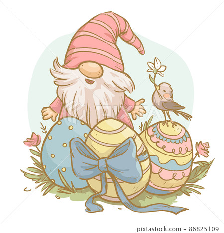 Happy Easter greeting concept with adorable little gnome sitting next to easter eggs and flowers isolated. Happy Easter greeting concept with adorable little gnome sitting next to easter eggs and flowers isolated. 86825109