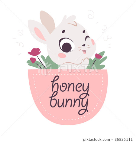 Vector flat illustration with cute little bunny animal sit in pink pocket isolated. Vector flat illustration with cute little bunny animal sit in pink pocket isolated. 86825111