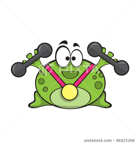 Cute frog with gold medal and dumbbell doing fitness exercise, cartoon character 86825266