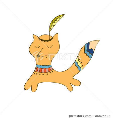 Cartoon lovely stylized fox with Indian headdress made of feathers on the head 86825592