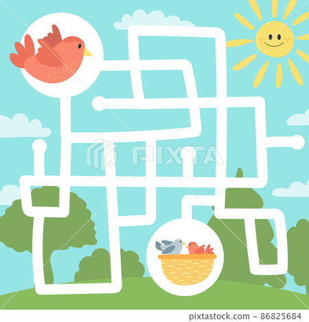 Maze game for children, education worksheet. Bird and nest with chicks Maze game for children, education worksheet. Bird and nest with chicks 86825684
