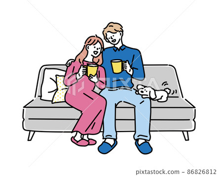 Illustrations of relaxing men and women (couples, couples, cohabitation, morning, coffee, newlyweds, happiness, marriage) 86826812