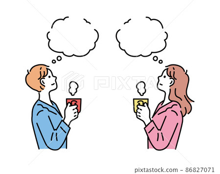 Illustrations of men and women drinking coffee (breath, break, holiday, morning, thinking, relaxing, relaxing, home time) 86827071