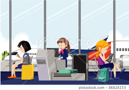 Passengers waiting at a departure gate scene 86828153