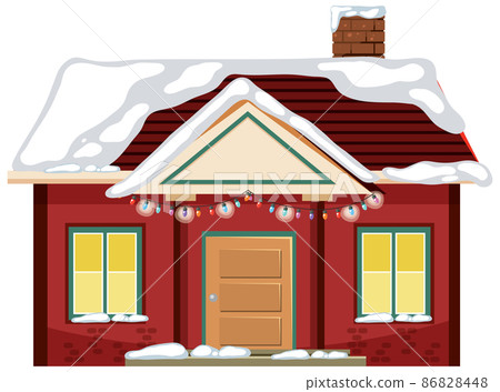Snow covered house with Christmas light string 86828448