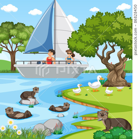 River forest scene with traveller on a sailboat River forest scene with traveller on a sailboat 86828450