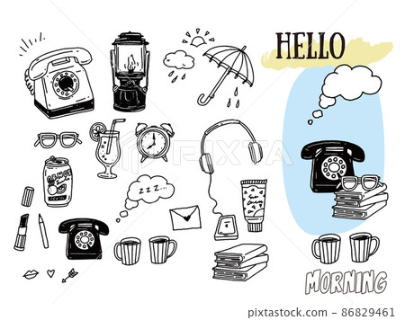 Black and white, monotone, line art illustrations (handwritten, fashionable, magazines, cafes, fashion, black telephones, books, watches) 86829461