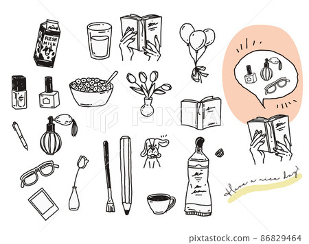 Black and white, monotone, line art illustrations (handwritten, fashionable, magazines, cafes, fashion, cosmetics, milk, flowers) 86829464