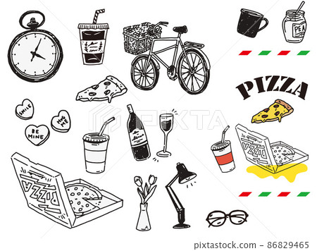 Black and white, monotone, line art illustrations (handwriting, fashion, cafe, fashion, pizza, fast food) 86829465