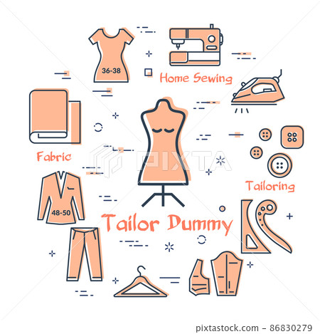 Set colored outline sewing icons, tailors dummy, accessories for seamstress on isolated on white, vector illustration. Set colored outline sewing icons, tailors dummy, accessories for seamstress on isolated on white, vector illustration. 86830279