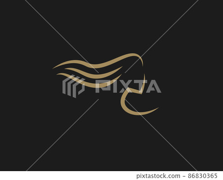 Haircare symbol, girl head gold line silhouette. Logotype for lotion, mask, shampoo, oil for hair health. Vector logo template Haircare symbol, girl head gold line silhouette. Logotype for lotion, mask, shampoo, oil for hair health. Vector logo template 86830365