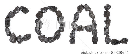 Word Coal made from black stone coal isolated on white background top view. 86830695
