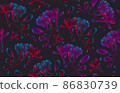 Blooming freesia flowers seamless pattern drawing, pink and blue neon colors 86830739