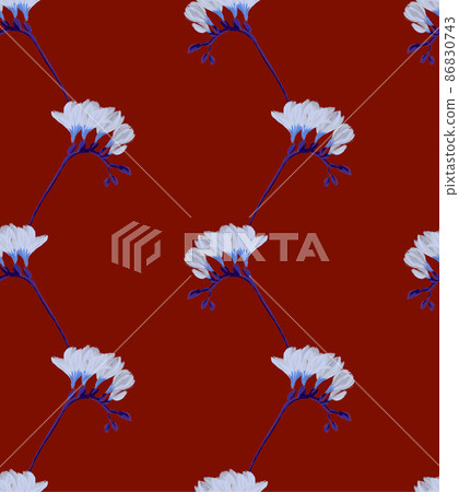 Freesia flower illustration abstract seamless pattern blue on red background Freesia flower illustration abstract seamless pattern blue on red background 86830743