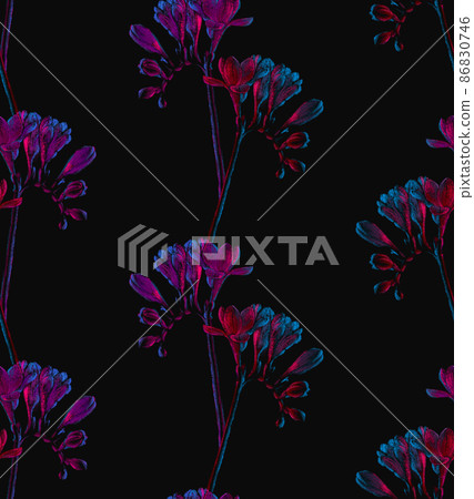Freesia flowers drawing, seamless pattern, red and blue neon colors Freesia flowers drawing, seamless pattern, red and blue neon colors 86830746